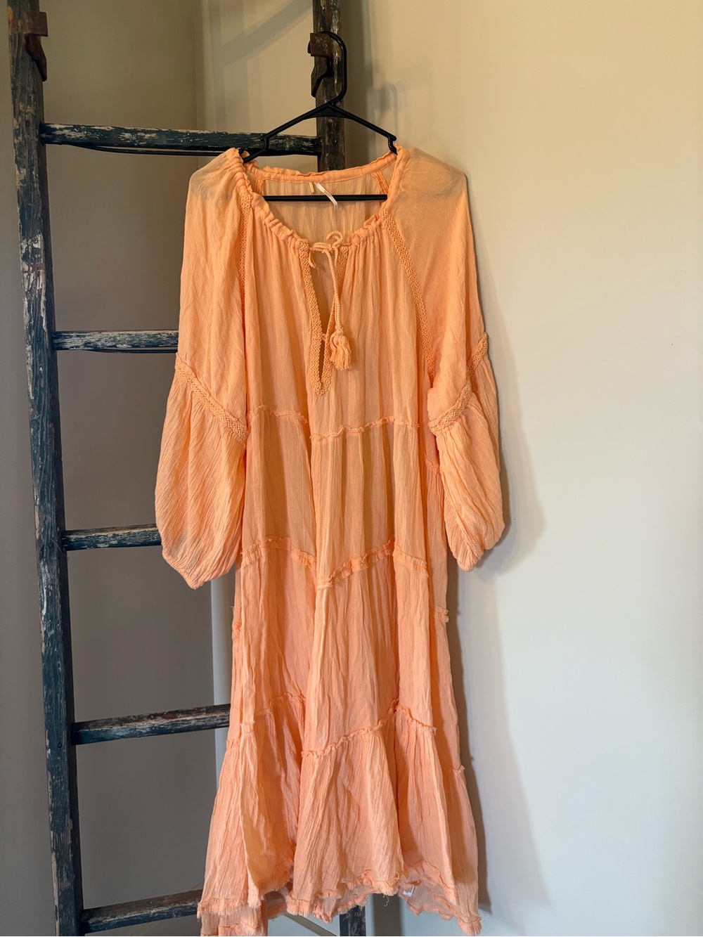 Free People Peach Tiered Midi Peasant Dress